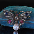 Antique Silver Rose Cut white Stone Ruby Butterfly Pin