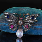 Antique Silver Rose Cut white Stone Ruby Butterfly Pin