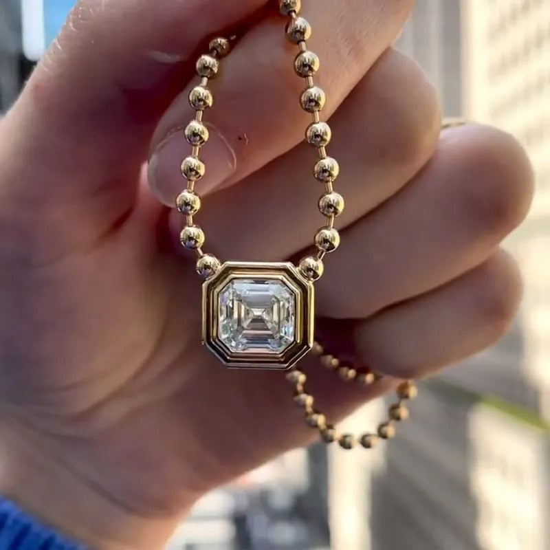 6ct Asscher Cut White Sapphire Double Bubble Bezel Ball Chain Yellow Gold Necklace