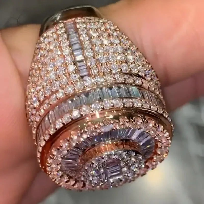 10.7ct Baguette & Round Cut White Sapphire Rose Gold Handmade Men's Ring