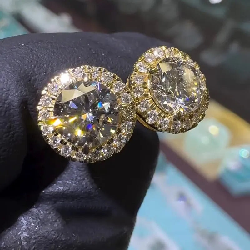 2.5ctw Round Cut White Sapphire Halo Yellow Gold Stud Earrings