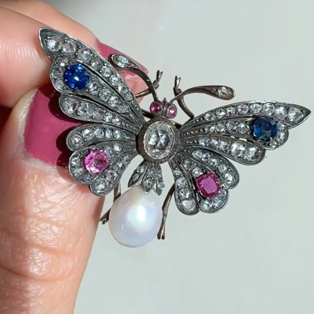 Antique Silver Rose Cut white Stone Ruby Butterfly Pin