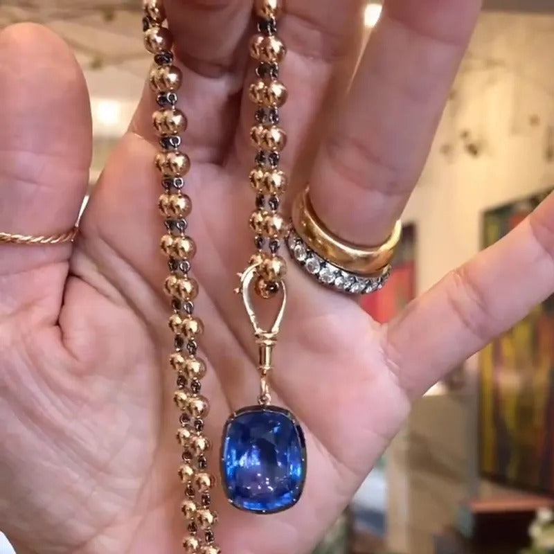 12ct Cushion Cut Blue Sapphire Ball Chain Necklace In Rose Gold