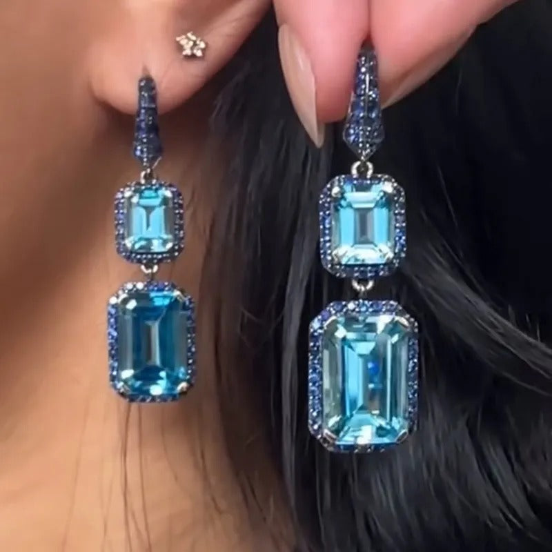 9ct Emerald Cut Aquamarine Halo Paved Earrings