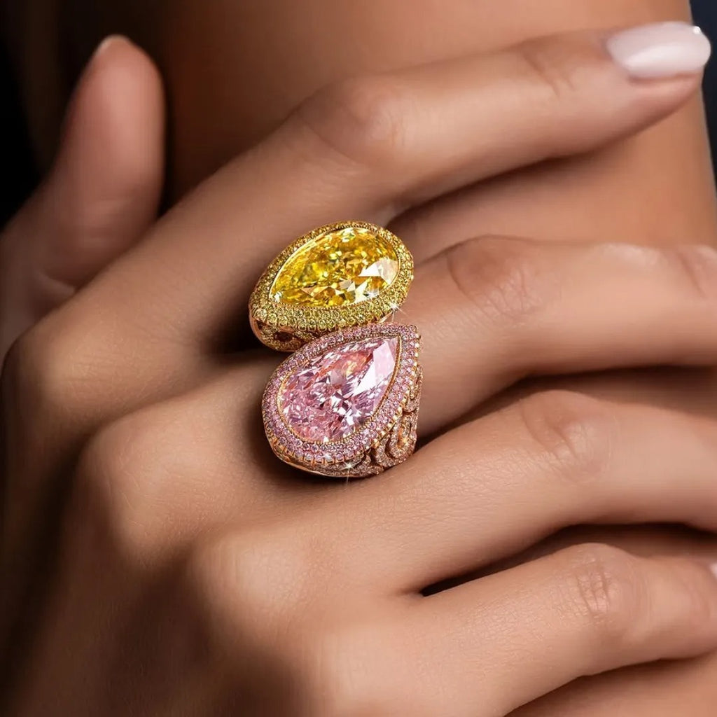 6.0CT Yellow And Pink Color Separation Double Pear Cut Diamonds Ring
