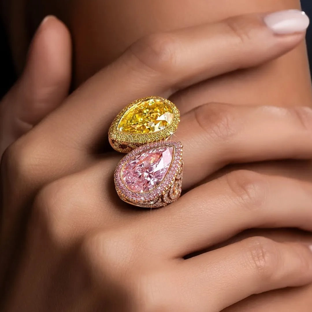 6.0CT Yellow And Pink Color Separation Double Pear Cut Diamonds Ring