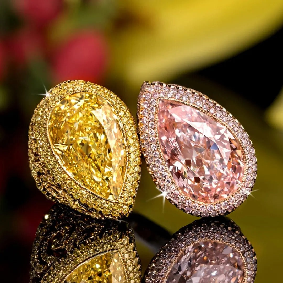 6.0CT Yellow And Pink Color Separation Double Pear Cut Diamonds Ring