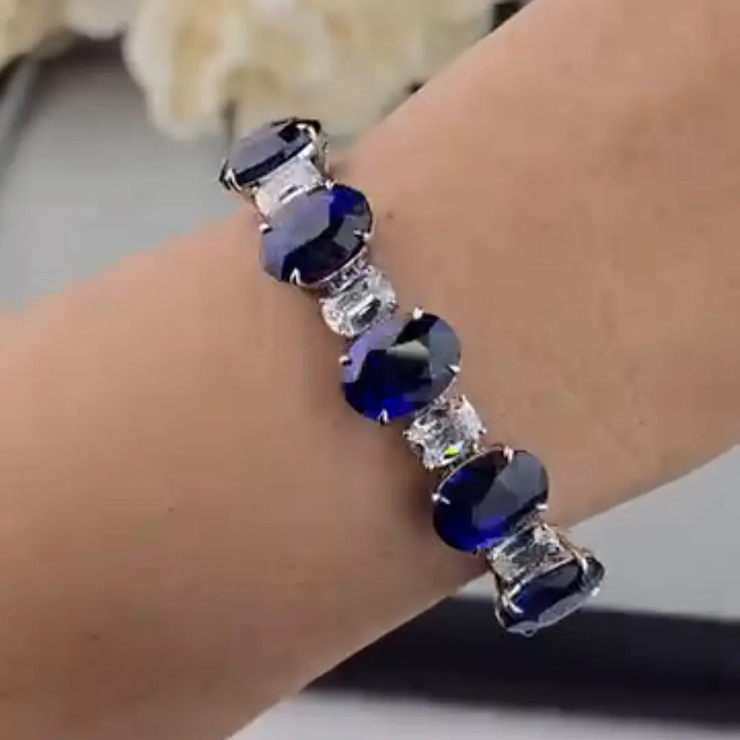 12ct Oval-cut Sapphire Crystal Sterling Silver Luxury Handmade Bracelet