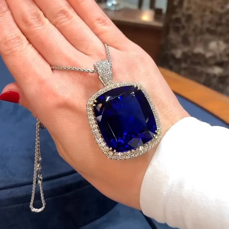 50ct Cushion Cut Blue Sapphire Double Halo Heart Of The Ocean Pendant Necklace
