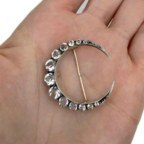 14 Karat Gold Silver Clear Paste Crescent Moon Pin Brooch